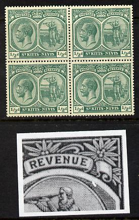 St Kitts-Nevis 1921-29 KG5 Script CA Columbus 1/2d blue-green block of 4 unmounted one stamp with Flaw to right of Columbus R7-5) SG 37