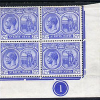 St Kitts-Nevis 1921-29 KG5 Script CA Columbus 2.5d blue SE corner block of 4 with Plate No.1 unmounted mint light wrinkles SG 42