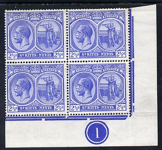 St Kitts-Nevis 1921-29 KG5 Script CA Columbus 2.5d blue SE corner block of 4 with Plate No.1 unmounted mint light wrinkles SG 42