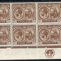 St Kitts-Nevis 1921-29 KG5 Script CA Columbus 2.5d brown SE corner block of 6 with Plate No.1 unmounted mint SG 43