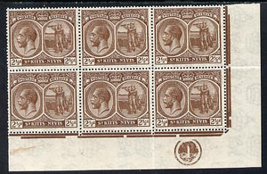 St Kitts-Nevis 1921-29 KG5 Script CA Columbus 2.5d brown SE corner block of 6 with Plate No.1 unmounted mint SG 43