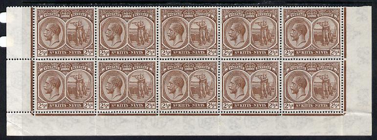 St Kitts-Nevis 1921-29 KG5 Script CA Columbus 2.5d brown block of 10 (folded) being bottom two rows without plate numbers, unmounted mint SG 43