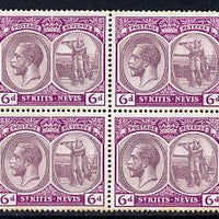 St Kitts-Nevis 1921-29 KG5 Script CA Columbus 6d dull & bright purple block of 4, unmounted but slight foxing around perfs SG 46