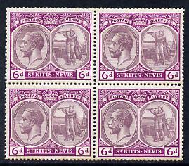 St Kitts-Nevis 1921-29 KG5 Script CA Columbus 6d dull & bright purple block of 4, unmounted but slight foxing around perfs SG 46