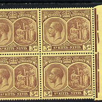 St Kitts-Nevis 1921-29 KG5 Script CA Medicinal Spring 3d purple on yellow marginal block of 4 unmounted mint SG 45a