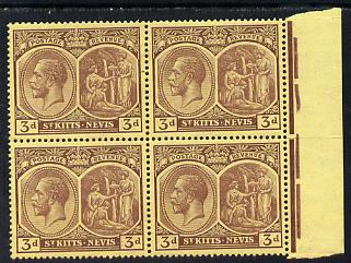 St Kitts-Nevis 1921-29 KG5 Script CA Medicinal Spring 3d purple on yellow marginal block of 4 unmounted mint SG 45a