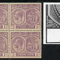 St Kitts-Nevis 1921-29 KG5 Script CA Medicinal Spring 1d violet marginal block of 4 one stamp with Pearl Flaw above K (R5-1), unmounted mint SG 39