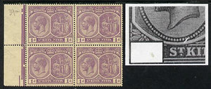 St Kitts-Nevis 1921-29 KG5 Script CA Medicinal Spring 1d violet marginal block of 4 one stamp with Pearl Flaw above K (R5-1), unmounted mint SG 39