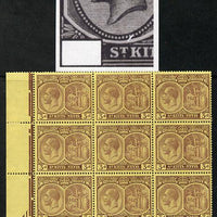 St Kitts-Nevis 1921-29 KG5 Script CA Medicinal Spring 3d purple on yellow marginal block of 9 one stamp with Pearl Flaw above K (R5-1), unmounted mint SG 45a