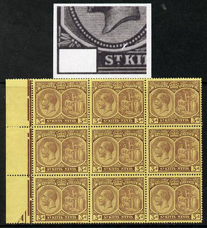 St Kitts-Nevis 1921-29 KG5 Script CA Medicinal Spring 3d purple on yellow marginal block of 9 one stamp with Pearl Flaw above K (R5-1), unmounted mint SG 45a