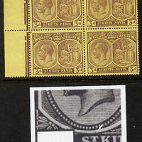 St Kitts-Nevis 1921-29 KG5 Script CA Medicinal Spring 3d purple on yellow marginal block of 4 one stamp with Pearl Flaw above K (R5-1), unmounted mint SG 45a