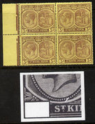 St Kitts-Nevis 1921-29 KG5 Script CA Medicinal Spring 3d purple on yellow marginal block of 4 one stamp with Pearl Flaw above K (R5-1), unmounted mint SG 45a