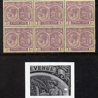 St Kitts-Nevis 1921-29 KG5 Script CA Medicinal Spring 1d violet marginal block of 6 one stamp with Broken line of shading at right (R5-5) unmounted mint few split perfs SG 39