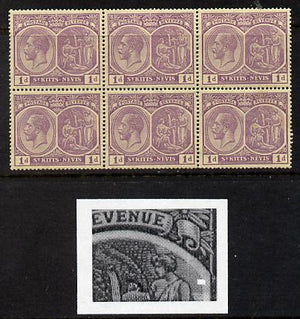 St Kitts-Nevis 1921-29 KG5 Script CA Medicinal Spring 1d violet marginal block of 6 one stamp with Broken line of shading at right (R5-5) unmounted mint few split perfs SG 39