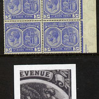 St Kitts-Nevis 1921-29 KG5 Script CA Medicinal Spring 3d ultramarine marginal block of 4 one stamp with Broken line of shading at right (R5-5), unmounted mint SG 45