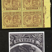 St Kitts-Nevis 1921-29 KG5 Script CA Medicinal Spring 3d purple on yellow marginal block of 4 one stamp with Damaged Right Vignette at top (R7-5), unmounted mint SG 45a