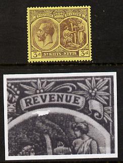 St Kitts-Nevis 1921-29 KG5 Script CA Medicinal Spring 3d purple on yellow single with Damaged Right Vignette at top (R7-5), mounted mint SG 45a