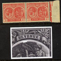 St Kitts-Nevis 1921-29 KG5 Script CA Medicinal Spring 1d rose-carmine horiz pair one stamp with Damaged Right Vignette at top (R7-5), mounted mint SG 38