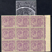 St Kitts-Nevis 1921-29 KG5 Script CA Medicinal Spring 1d violet marginal block of 9 one stamp with Damaged Right Vignette at top (R7-5), unmounted mint SG 39