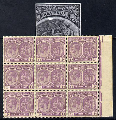 St Kitts-Nevis 1921-29 KG5 Script CA Medicinal Spring 1d violet marginal block of 9 one stamp with Damaged Right Vignette at top (R7-5), unmounted mint SG 39