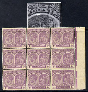 St Kitts-Nevis 1921-29 KG5 Script CA Medicinal Spring 1d violet marginal block of 9 one stamp with Damaged Right Vignette at top (R7-5), unmounted mint SG 39