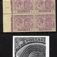 St Kitts-Nevis 1921-29 KG5 Script CA Medicinal Spring 1d violet marginal block of 4 one stamp with Damaged Left Vignette at top (R9-1), unmounted mint SG 39