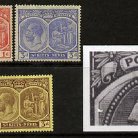 St Kitts-Nevis 1921-29 KG5 Script CA Medicinal Spring 1d rose-carmine, 3d ultramarine and 3d purple on yellow singles each with Damaged Left Vignette at top (R9-1), mounted mint SG 38, 45 & 45a