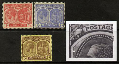 St Kitts-Nevis 1921-29 KG5 Script CA Medicinal Spring 1d rose-carmine, 3d ultramarine and 3d purple on yellow singles each with Damaged Left Vignette at top (R9-1), mounted mint SG 38, 45 & 45a