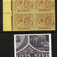 St Kitts-Nevis 1921-29 KG5 Script CA Medicinal Spring 3d purple on yellow marginal block of 4 one stamp with Damaged Right Vignette at bottom (R11-1), unmounted mint SG 45a