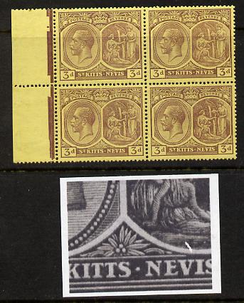 St Kitts-Nevis 1921-29 KG5 Script CA Medicinal Spring 3d purple on yellow marginal block of 4 one stamp with Damaged Right Vignette at bottom (R11-1), unmounted mint SG 45a