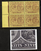 St Kitts-Nevis 1921-29 KG5 Script CA Medicinal Spring 3d purple on yellow marginal block of 4 one stamp with Damaged Right Vignette at bottom (R11-1), unmounted mint SG 45a