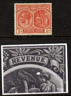 St Kitts-Nevis 1921-29 KG5 Script CA Medicinal Spring 1d rose-carmine single with white flaw in right vignette (R11-3), mounted mint SG 38