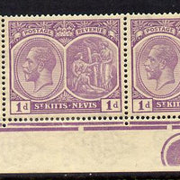 St Kitts-Nevis 1921-29 KG5 Script CA Medicinal Spring 1d violet SE corner strip of 3 with Plate No.1 mounted mint perfs reinforced SG 39