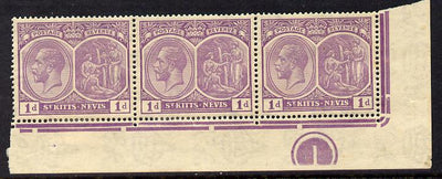 St Kitts-Nevis 1921-29 KG5 Script CA Medicinal Spring 1d violet SE corner strip of 3 with Plate No.1 mounted mint perfs reinforced SG 39