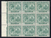 St Kitts-Nevis 1921-29 KG5 Script CA Columbus 1/2d blue-green marginal block of 9 unmounted mint with incomplete 'd' of value on R7-2, SG 37