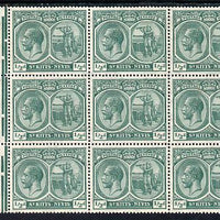 St Kitts-Nevis 1921-29 KG5 Script CA Columbus 1/2d blue-green marginal block of 9 unmounted mint with incomplete 'd' of value on R7-2, SG 37