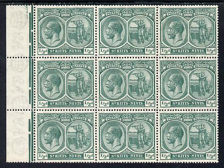 St Kitts-Nevis 1921-29 KG5 Script CA Columbus 1/2d blue-green marginal block of 9 unmounted mint with incomplete 'd' of value on R7-2, SG 37