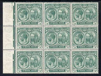 St Kitts-Nevis 1921-29 KG5 Script CA Columbus 1/2d blue-green marginal block of 9 unmounted mint with incomplete 'd' of value on R7-2, SG 37