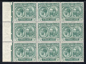 St Kitts-Nevis 1921-29 KG5 Script CA Columbus 1/2d blue-green marginal block of 9 unmounted mint with incomplete 'd' of value on R7-2, SG 37