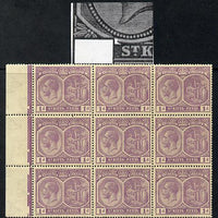 St Kitts-Nevis 1921-29 KG5 Script CA Medicinal Spring 1d violet marginal block of 9 one stamp with Nick in Country tablet at left (R1-1), unmounted mint few split perfs SG 39