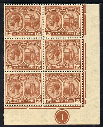 St Kitts-Nevis 1921-29 KG5 Script CA Columbus 1.5d red-brown SE corner block of 6 with Plate No.1 unmounted mint SG 40a