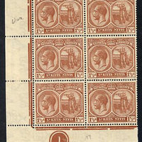 St Kitts-Nevis 1921-29 KG5 Script CA Columbus 1.5d red-brown SW corner block of 6 with Plate No.1 unmounted mint few split perfs SG 40a