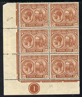 St Kitts-Nevis 1921-29 KG5 Script CA Columbus 1.5d red-brown SW corner block of 6 with Plate No.1 unmounted mint few split perfs SG 40a