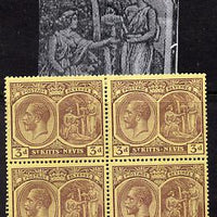 St Kitts-Nevis 1921-29 KG5 Script CA Medicinal Spring 3d purple on yellow marginal block of 4 one stamp with Frame split at right (R8-1), unmounted mint SG 45a