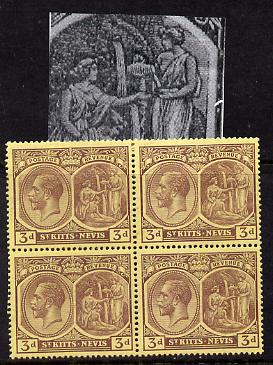 St Kitts-Nevis 1921-29 KG5 Script CA Medicinal Spring 3d purple on yellow marginal block of 4 one stamp with Frame split at right (R8-1), unmounted mint SG 45a