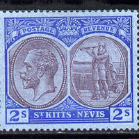 St Kitts-Nevis 1921-29 KG5 Script CA Columbus 2s purple & blue on blue with dark flaw behind King's neck mounted mint SG 47