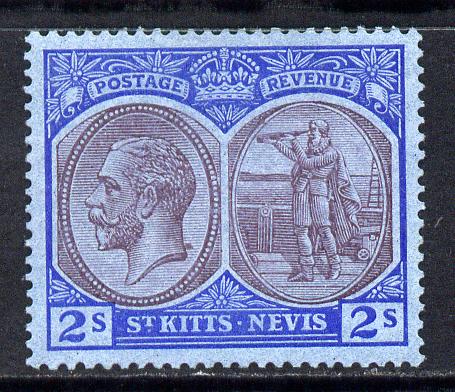 St Kitts-Nevis 1921-29 KG5 Script CA Columbus 2s purple & blue on blue with dark flaw behind King's neck mounted mint SG 47