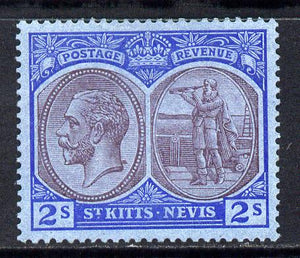 St Kitts-Nevis 1921-29 KG5 Script CA Columbus 2s purple & blue on blue with dark flaw behind King's neck mounted mint SG 47