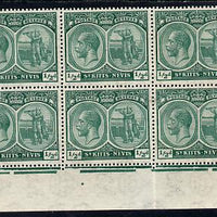 St Kitts-Nevis 1921-29 KG5 Script CA Columbus 1/2d blue-green marginal block of 10 (folded) being the lower two rows with Plate No.1 (x2) unmounted mint SG 37