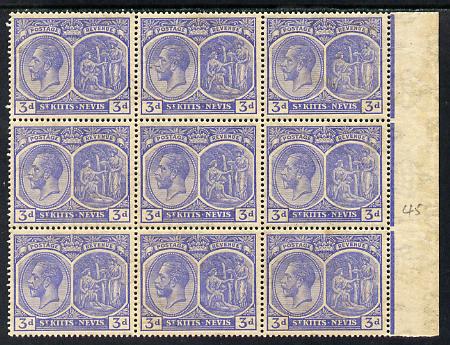 St Kitts-Nevis 1921-29 KG5 Script CA Medicinal Spring 3d ultramarine marginal block of 9, unmounted mint SG 45